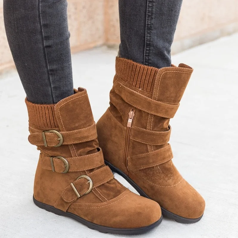 

Thickened Cotton Boots Flat Bottom Women's Winter Chelsea Boots Large Size Short Boots Ladies Leather Boots Metal Element
