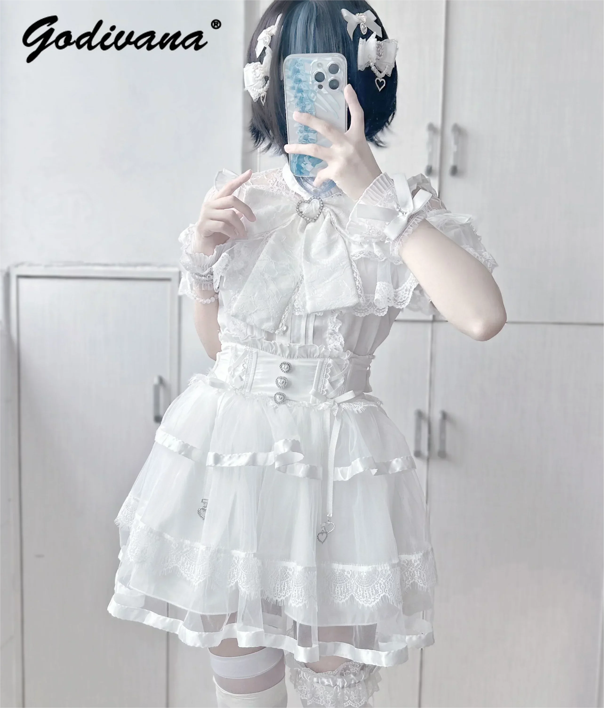 Mass-Produced Mine Japanese Sweet Girl Female Lace Short-Sleeved Shirt Summer Bow Cute Blouses High Waist Princess Mesh Skirt