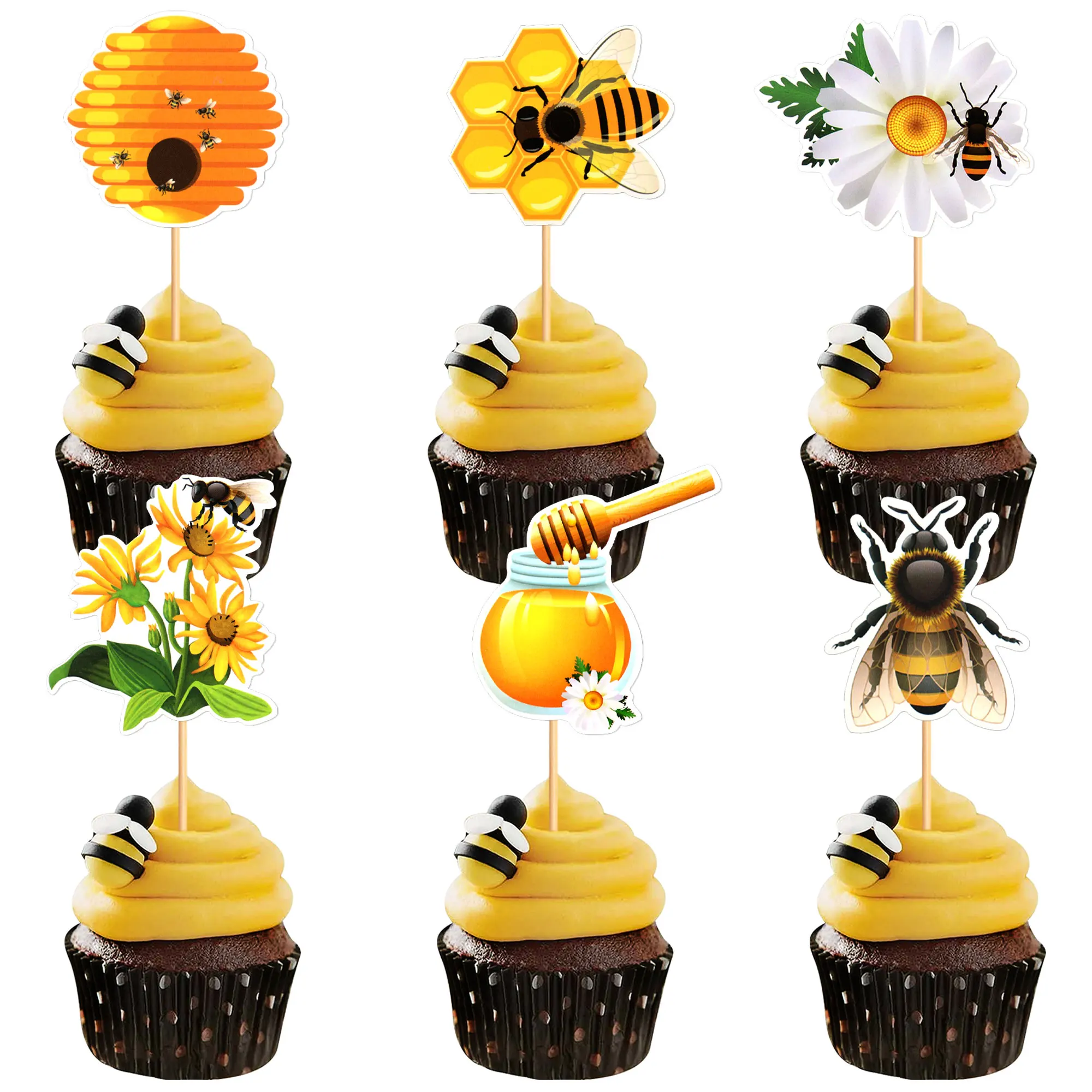 Bee Daisy Sun Flower Cake Topper Happy Birthday Wedding Bride Party Yellow Cupcake Toppers Baby Shower Baking Dessert DIY Decor