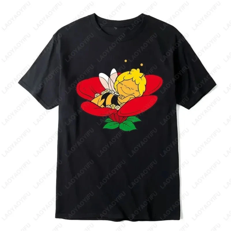 Camisetas Maya The Bee with Flowers Cute Graphic Print Tshirt Men Women All Match Tees Classics Character Cotton Tops Adult Gift