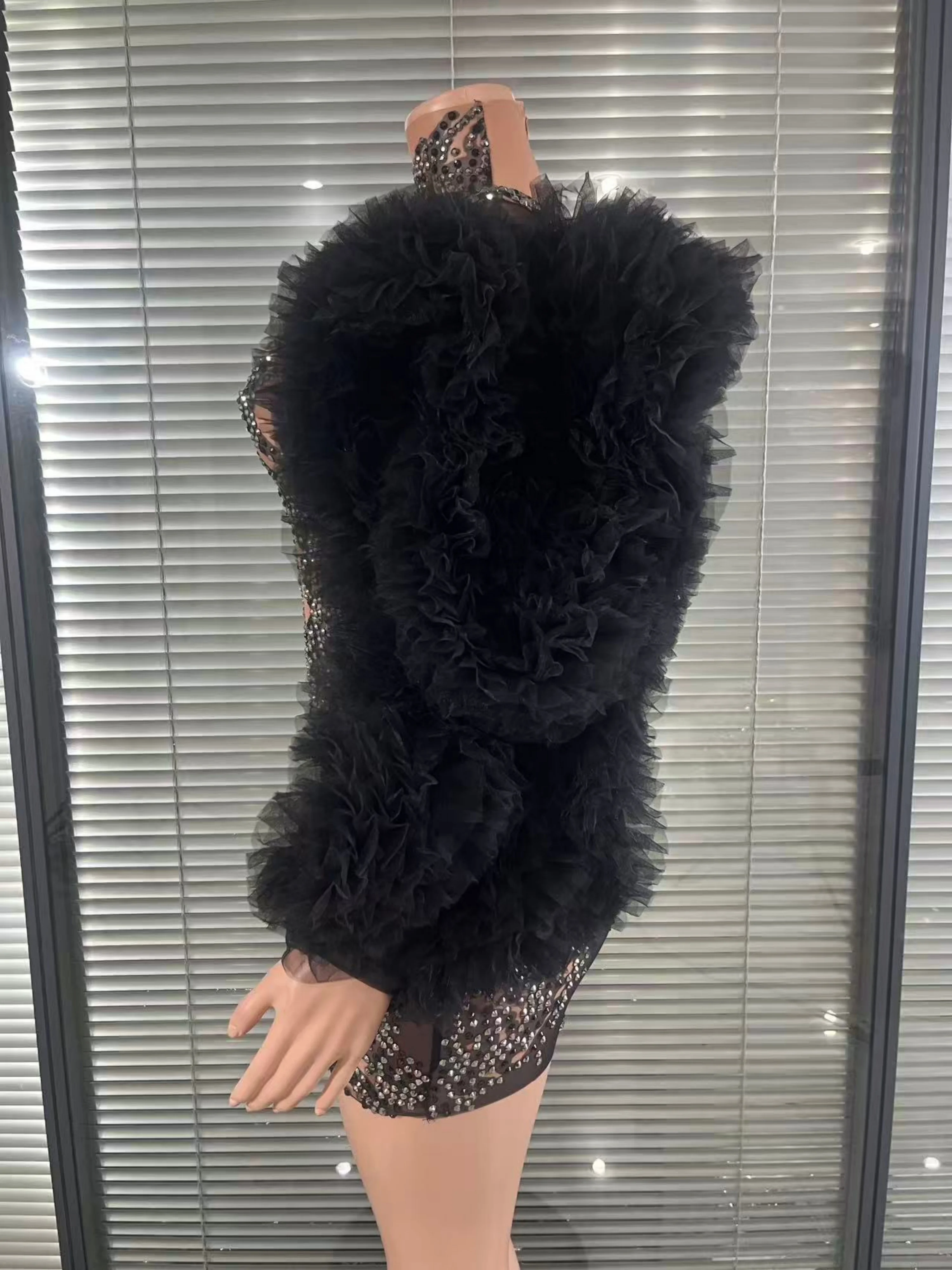 Avant-Garde Printed Rhinestones Long Puff Sleeve Bodycon Mesh MiniDress  Evening Club Party Nightbar Stage Performance