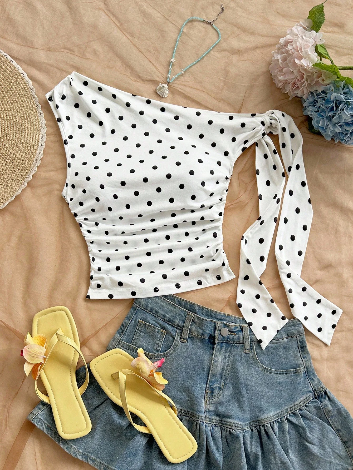 Damen-Kurztop mit Punkten, Y2K-Polka-Dot-Print, plissiertes asymmetrisches Schulteroberteil für Damen