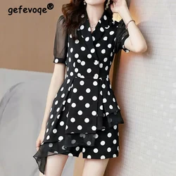 Casual Fashion Polka Dot Two Piece Sets Summer 2024 New Polo-Neck Short Sleeve Slim Shirt Elastic Waist Short Pants Women's Suit