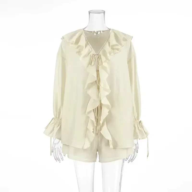 

Summer Holiday Long Sleeve Ruffle Lace Up Chiffon Shorts Suit Women Casual V Neck Solid Loose Shorts Set 2025 Female New Outfits