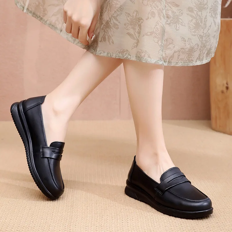 

Black Genuine Leather Loafers For Women With Comfortable Soft Sole And Round Toe Non Slip Casual Daily Walking And Office Wear