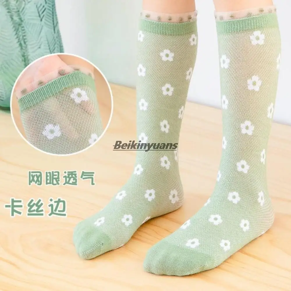 

Summer new cass side girls stockings cotton mesh children's socks fresh flower girl calf socks knee high toddler sokken