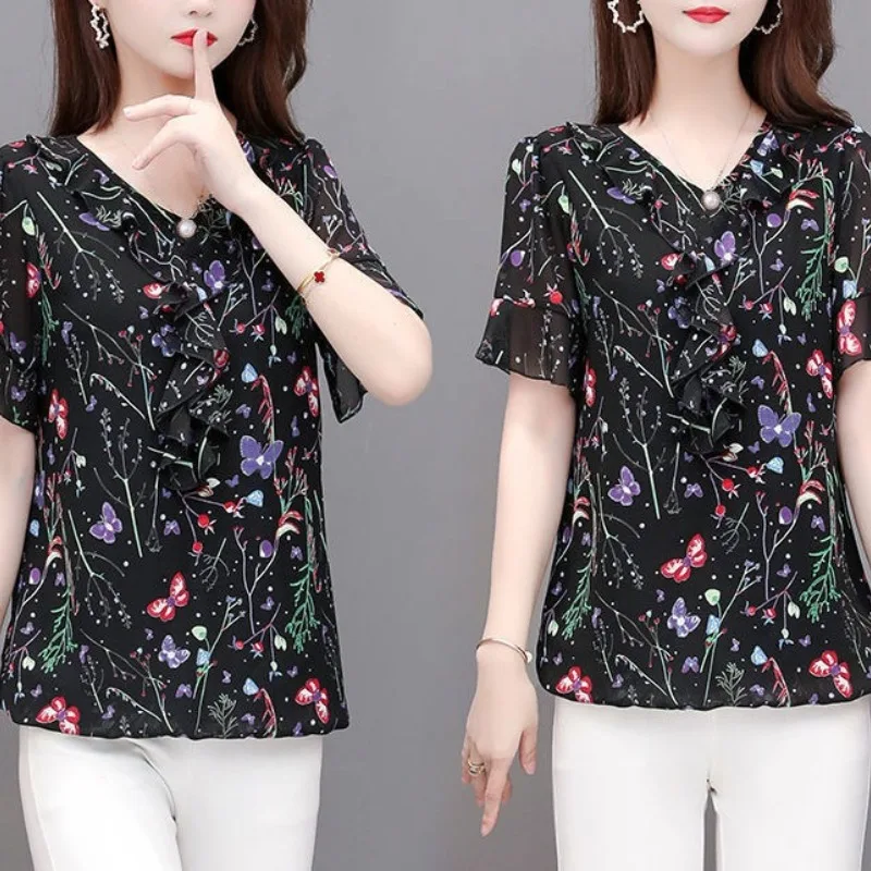 Female Clothing Summer Short Sleeve New Floral V-neck Women\'s Shirt Blouse Embroidered Flares Folds Fashion Casual Tops