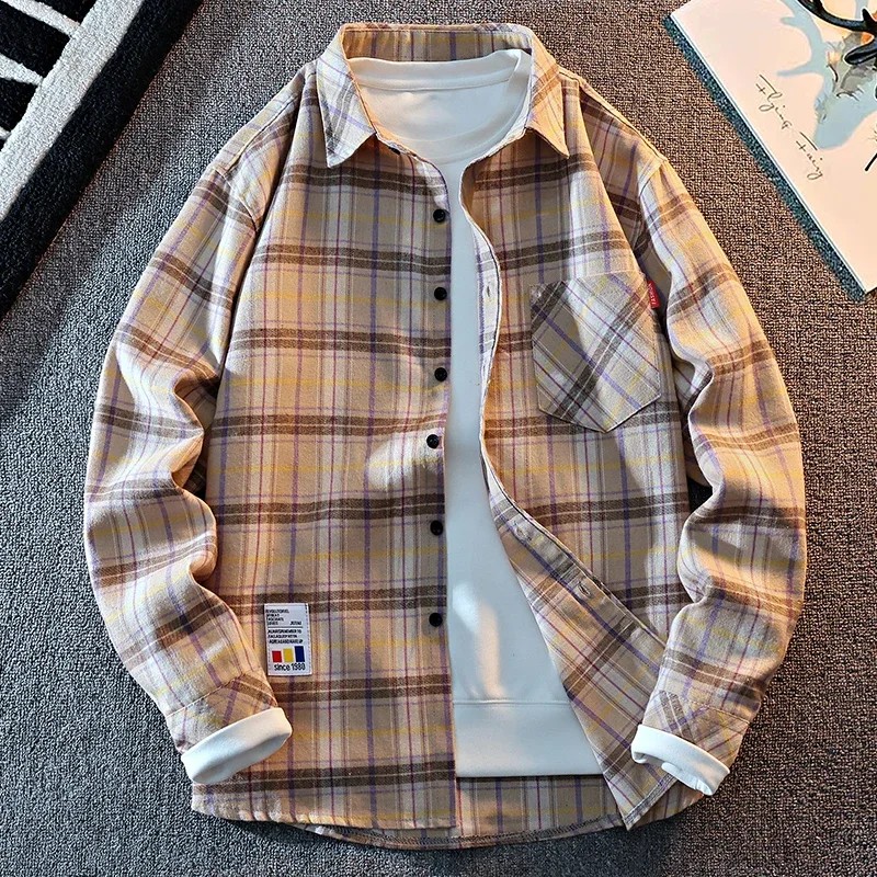 Layer Style Checkered Shirt Male Lapel Button Closure Pocket Detail Comfortable Loose Long Sleeve Overshirt