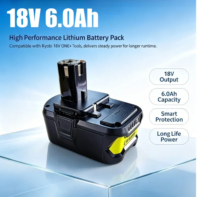 Batterie lithium-ion de remplacement 18V 6,0Ah pour outils électriques 18V, protection intelligente contre la surcharge, le surchauffe et les courts-circuits, certifiée CE RoHS REACH, haute capacité pour perceuses, scies et meuleuses sans fil.