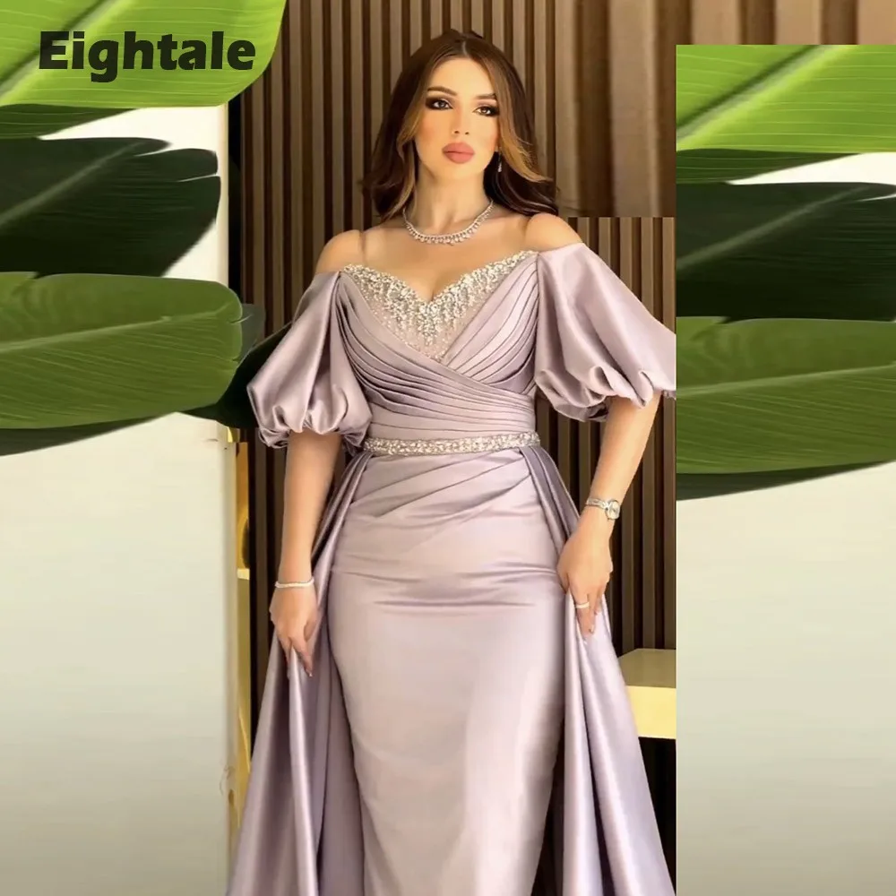 Eightale Luxury Evening Dress for Women Short Sleeves Pleat Satin Arabic Customized Mermaid Prom Party Gown robe de soirée femme