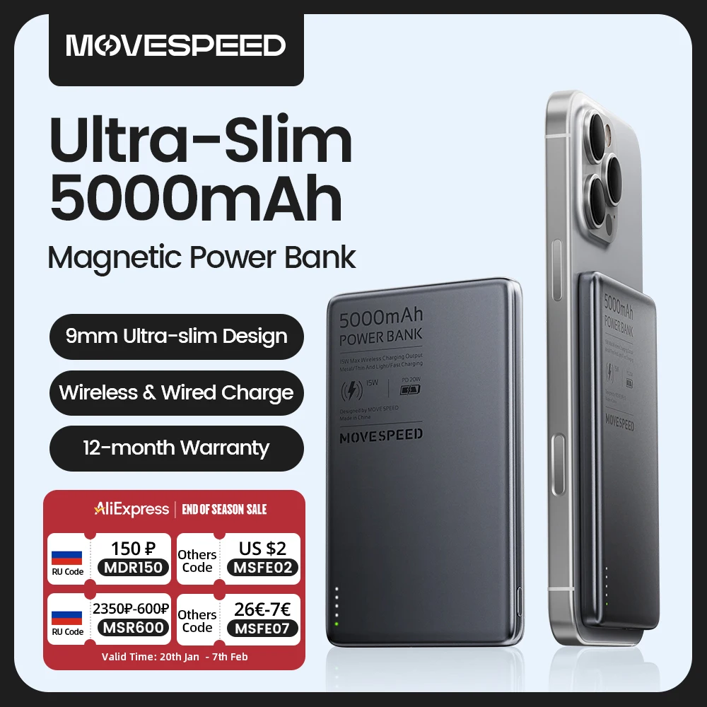 MOVESPEED S05 Magnetic Power Bank 5000mAh 20WPD Wireless Powerbank Slim Portable Battery Charger for iPhone 16 15 Samsung 24 23