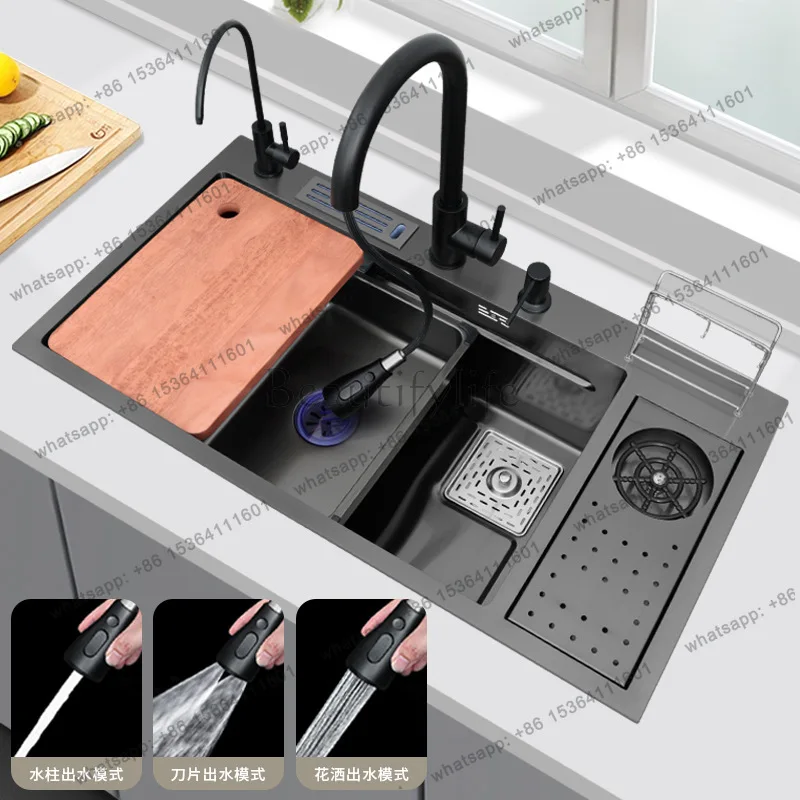 Black Multifunctional Sink with Cup Washer Large Single Sink Undercounter Basin 304 Stainless Steel