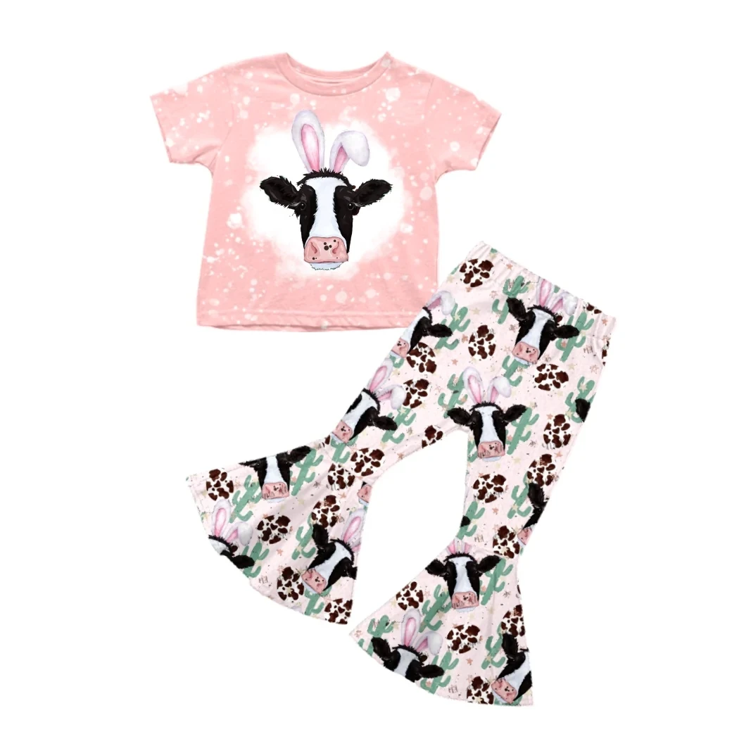 

Boutique Girls Easter Bunny Clothes Set Bell Bottom Pants Outfits Rabbit Cow Cactus Print Girls Easter Dress