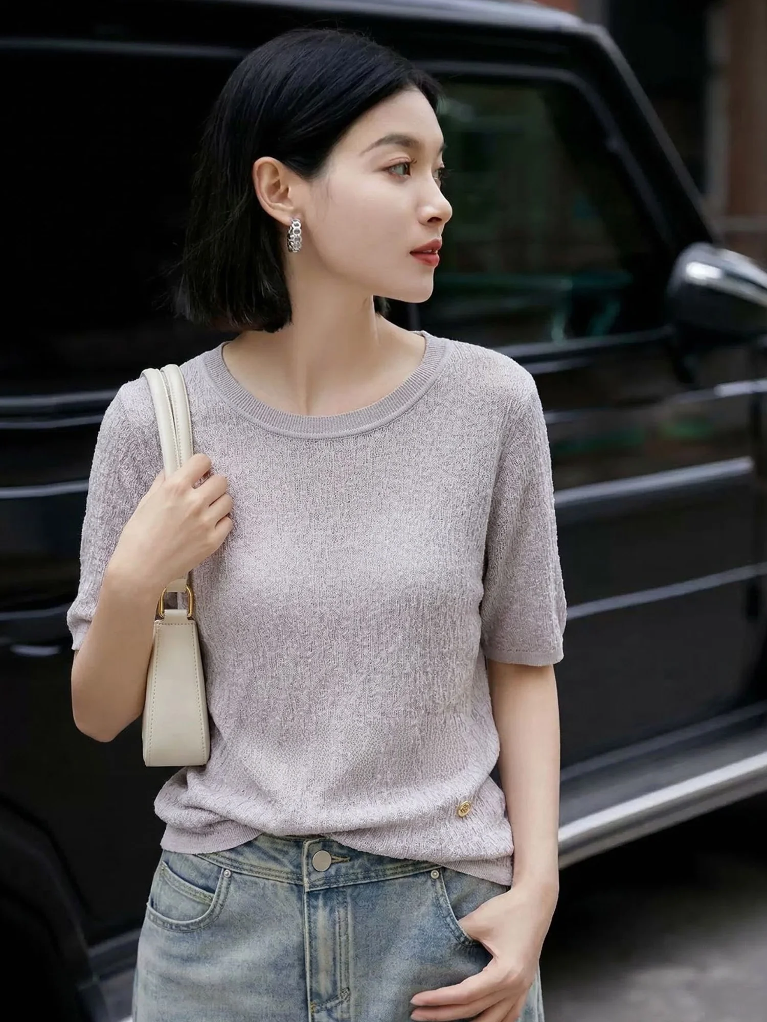 

Вязаная женская футболка с круглым вырезом и коротким рукавом, свободного кроя, для похудения, повседневная, шерстяная, высокого качества, модная одежда