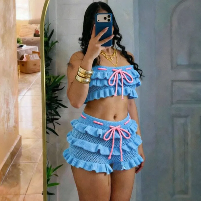 

Doyerl Knitted Summer Outfit Woman Matching Sets Holiday Beach Wear Ruffles Lace-up Strapless Crop Top and Shorts 2 Piece Set