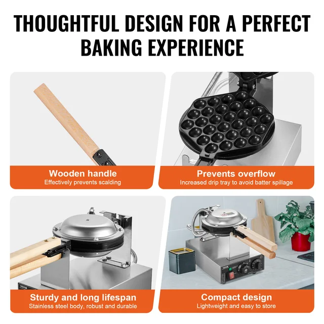SucceBuy Commercial Egg Bubble Waffle Maker 1400W Non-Stick Stainless Steel Bubble Puff w/180° Rotatable 2 Pans & Wooden Handles 5 SucceBuy Commercial Egg Bubble Waffle Maker – 1400W Non-Stick Stainless Steel – view 5