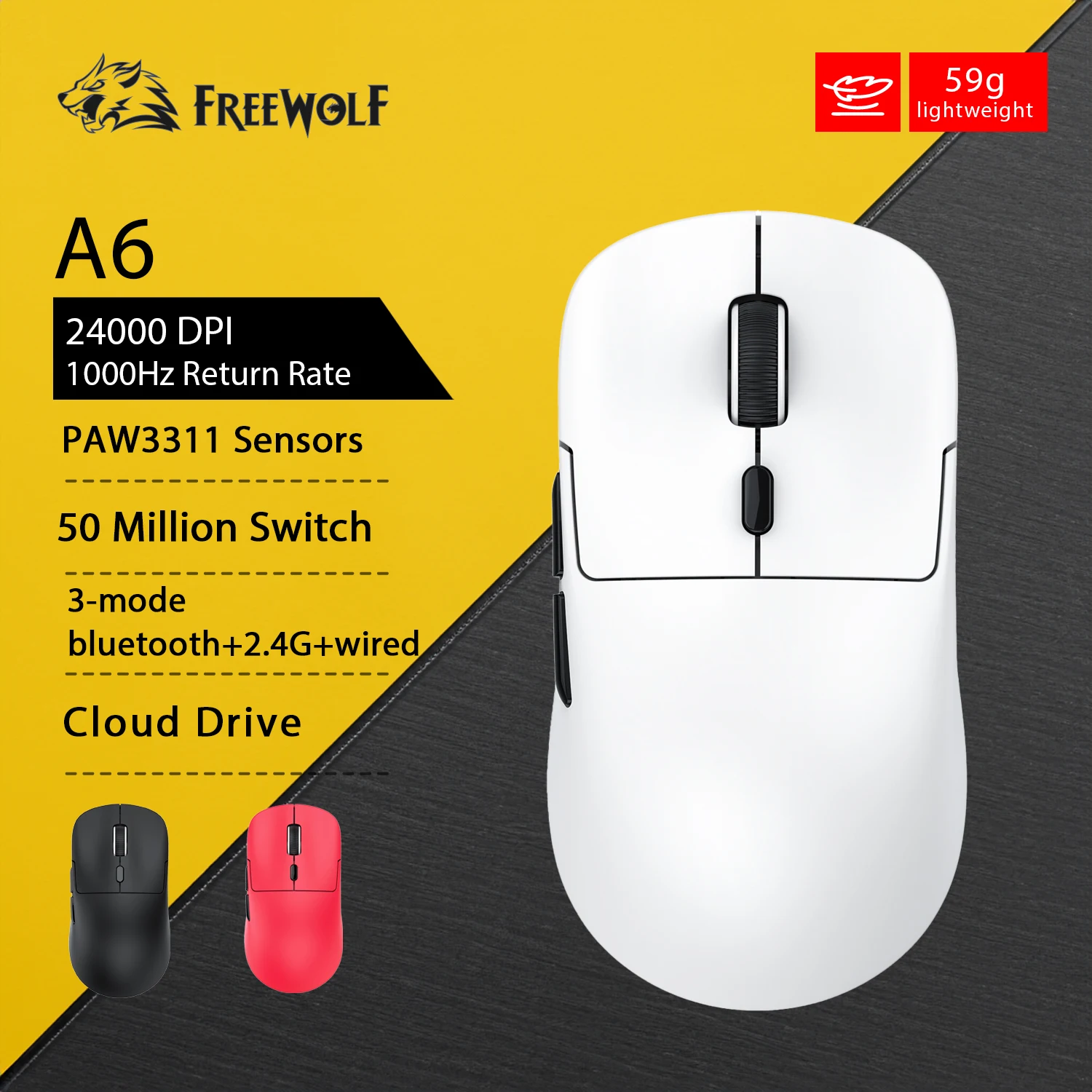 ماوس ألعاب FREEWOLF A6 خفيف الوزن 59 جرام 24000 ديسيبل متوحد الخواص PAW3311 ثلاثي الوضع سلكي بلوتوث مريح RGB لـ VALORANT، FPS