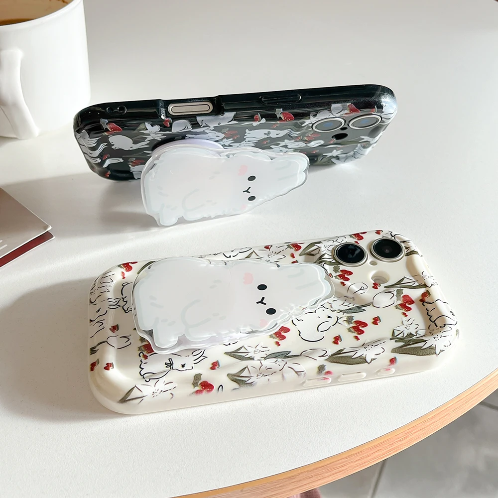 Bunny Rabbit Grip Tok Holder Wave TPU Soft Phone Case for OPPO A40 A80 A59 A38 A58 A78 A54 A74 A94 A53S A57 A77S A15 A16 A17 A18