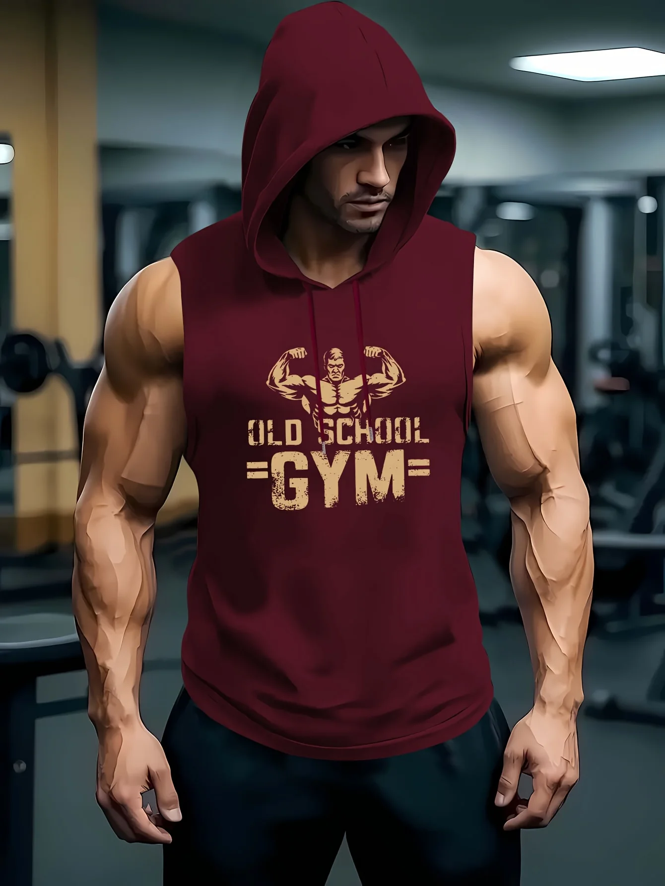 Men's Old School Gym Print Sleeveless Hoodie Tank Top - Bodybuilding Workout Hooded Vest, Breathable Muscle Fitness T-shirt for