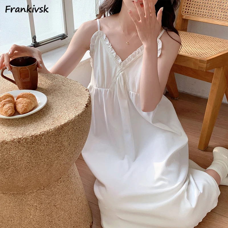 Loose Nightgowns Women Summer Sweet Soft Slouchy Solid Youthful Vitality Japanese Style Retro Temperament Classic Minimalist