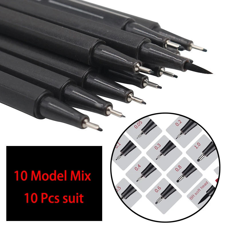 10 Model Mix Pigment Liner Micron Ink Marker Pen 0.05 0.1 0.2 0.3 0.4 0.5 Brush Tip Black Fineliner Sketching Manga Drawing Pen