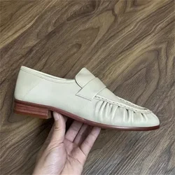 Pleated Shoes for Women Square Toes Female Loafers Sewing Lines Ladies Low Heels Leather Chassure Femme Shallow Zapatos Mujer