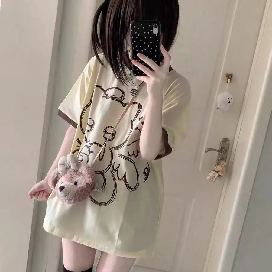 

2026 Summer Women Casual Loose Tops Y2K Aesthetic Contrast Color Grunge Tees Kawaii Cute Cartoon Print Tshirt Japanese Patchwork