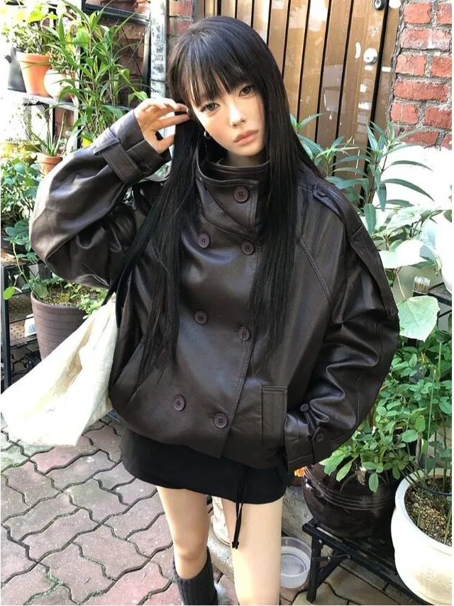 Retro Stand Collar PU Leather Jacket Women's Short Style Autumn New High-End Feeling Silhouette Coat Top Polyester Fiber
