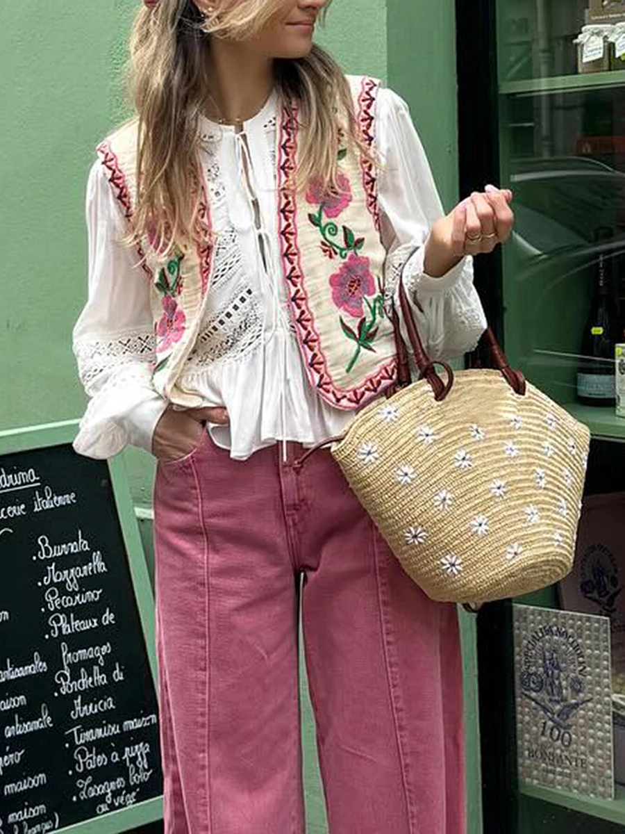 Women Vintage Boho Floral Embroidered Gilets Sleeveless Crop Cardigan Tops Open Front Vest Outwear Jackets