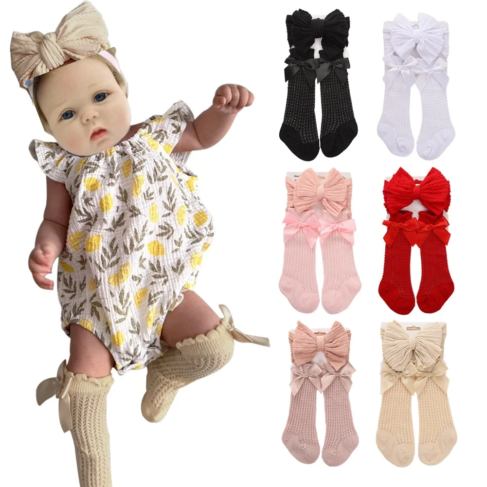 

Baby Cable Knit Nylon Bows Headbands with Lace Eyelet Socks Double Layers Topknot Long Knee Princess 0-12M Clothing