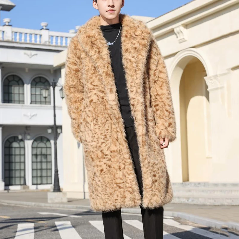 PFHQ Men's Imitation Mink Fur Long Knee Length Coat Thickened Warm Leopard Pattern Windbreaker  ﻿2024 Male Tops 21Z5560