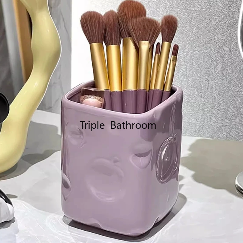 1pc Ceramic Toothbrush Cup Makeup Brush Storage Cup Esktop Storage Box Office Pen Holder Home Decoration Excluding Makeup Brush