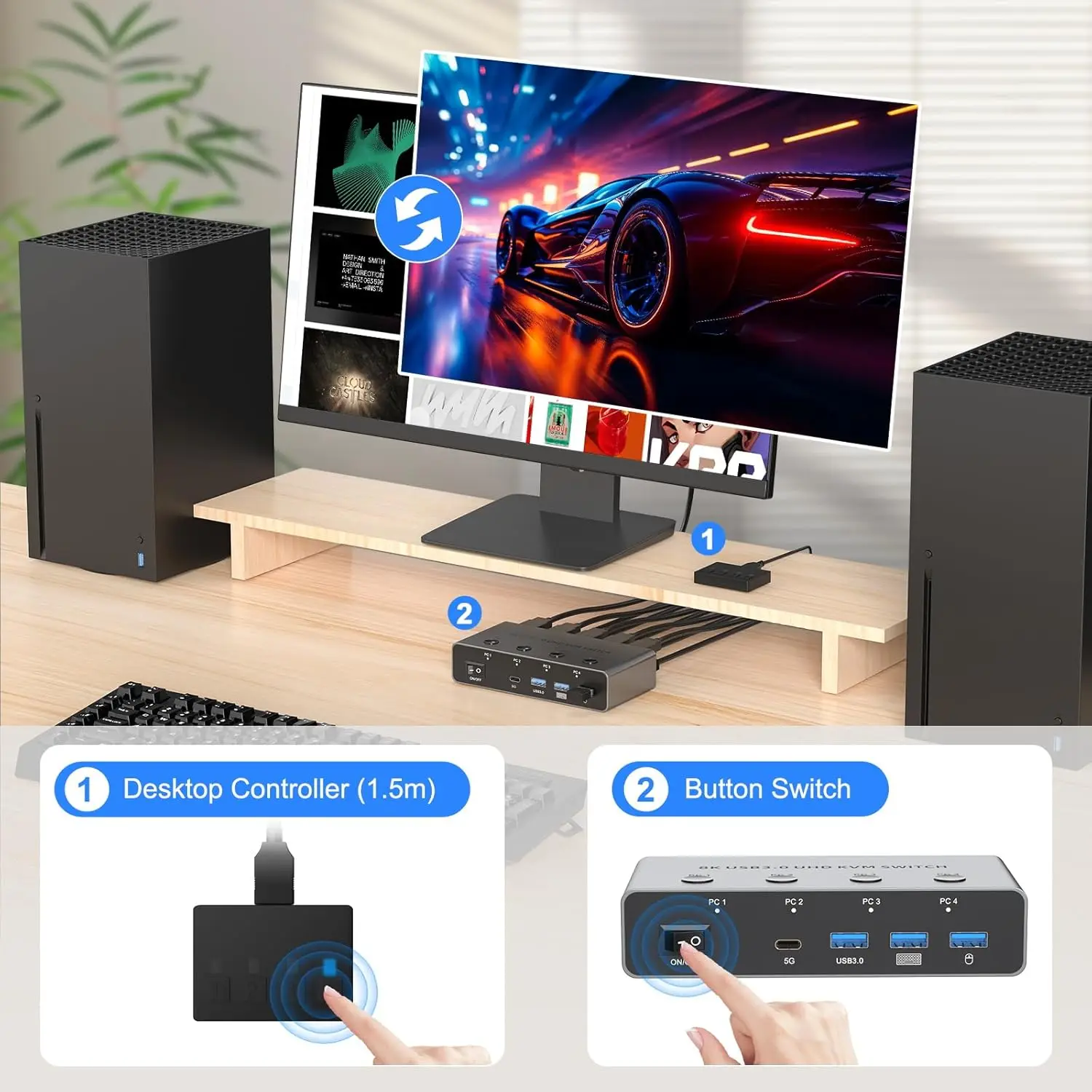 สวิตช์ KVM HDMI 8K@60Hz สำหรับคอมพิวเตอร์ 4 เครื่อง รองรับ 4K@120Hz สวิตช์ KVM HDMI USB 3.0 4 พอร์ต 4x1 สำหรับคอมพิวเตอร์ 4 เครื่อง แชร์จอภาพ คีย์บอร์ด เมาส์ เครื่องพิมพ์