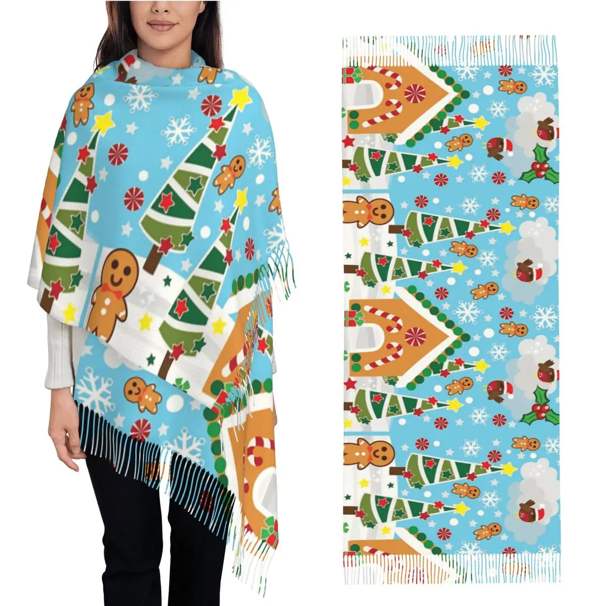 Women's Scarf with Tassel Mini Adventures Gingerbreads Wonderland Long Winter Fall Shawl Wrap Daily Wear Cashmere Scarf