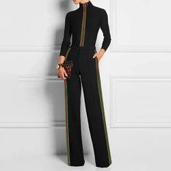 2024 Autumn Women's Skinny 2 Piece Set Long Sleeves High Neck Tops Contrast Colour Striped Pants Trousers Casual Suits