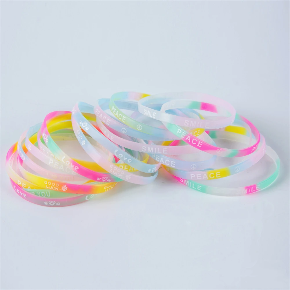 100Pcs/Lot Wholesale Fashion Mini Candy Color Luminous Printed Silicone Bracelets for Children Adult Rubber Wrist Strap Jewelry