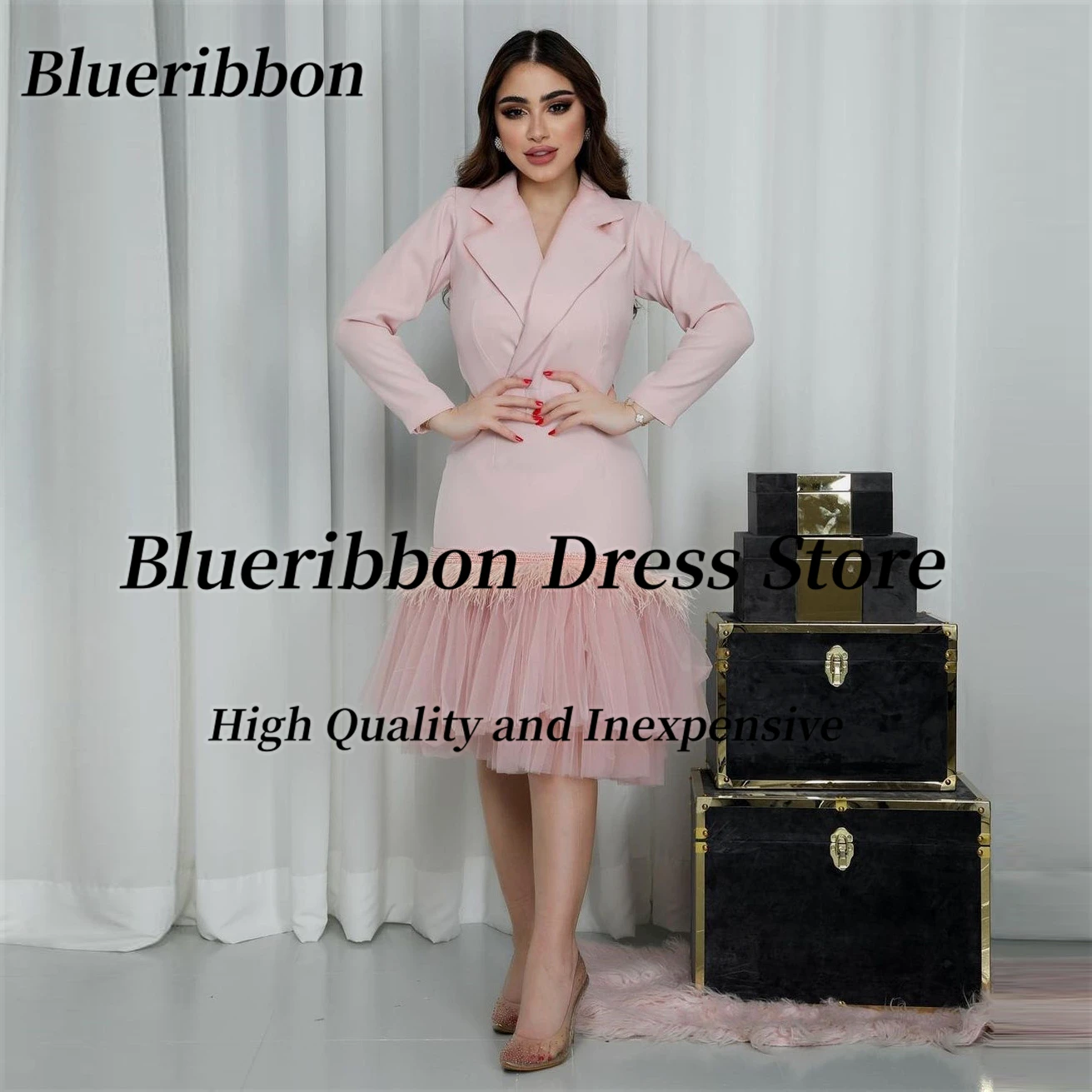 

Blueribbon Pink Short Prom Dresses with Feathers Robe Des Cocktail Party Dress Lapel V Neck Long Sleeves Evening Dress