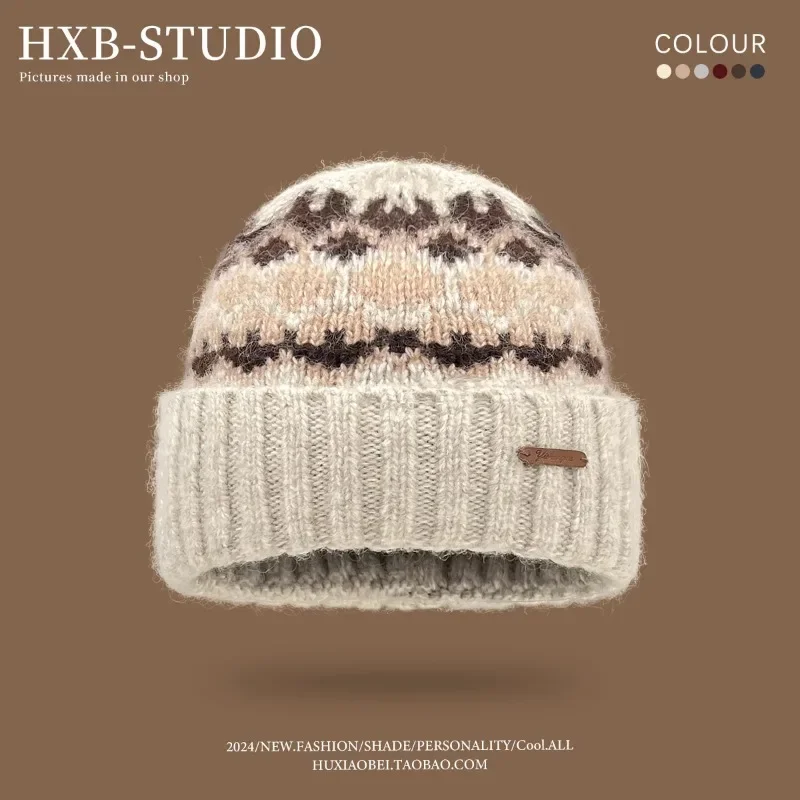 

New Retro Striped Jacquard Knitted Hat Autumn and Winter Men's and Women's Warm Big Head Ear Protector Skull Beanie Cap Bonnet