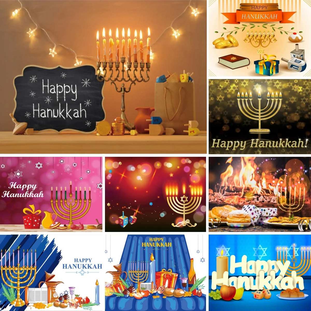 Happy Hanukkah Backdrop for Jewish Chanukah Party Nine Candle Holders Dreidel נ、ג、ה、ש  Gelt Bread Photography Background Studio