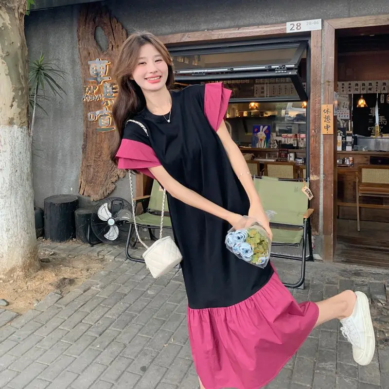 Robes Patchwork surdimensionnées femme décontracté coréen Patchwork t-shirt robe été tempérament ample plissé à manches courtes robe longue