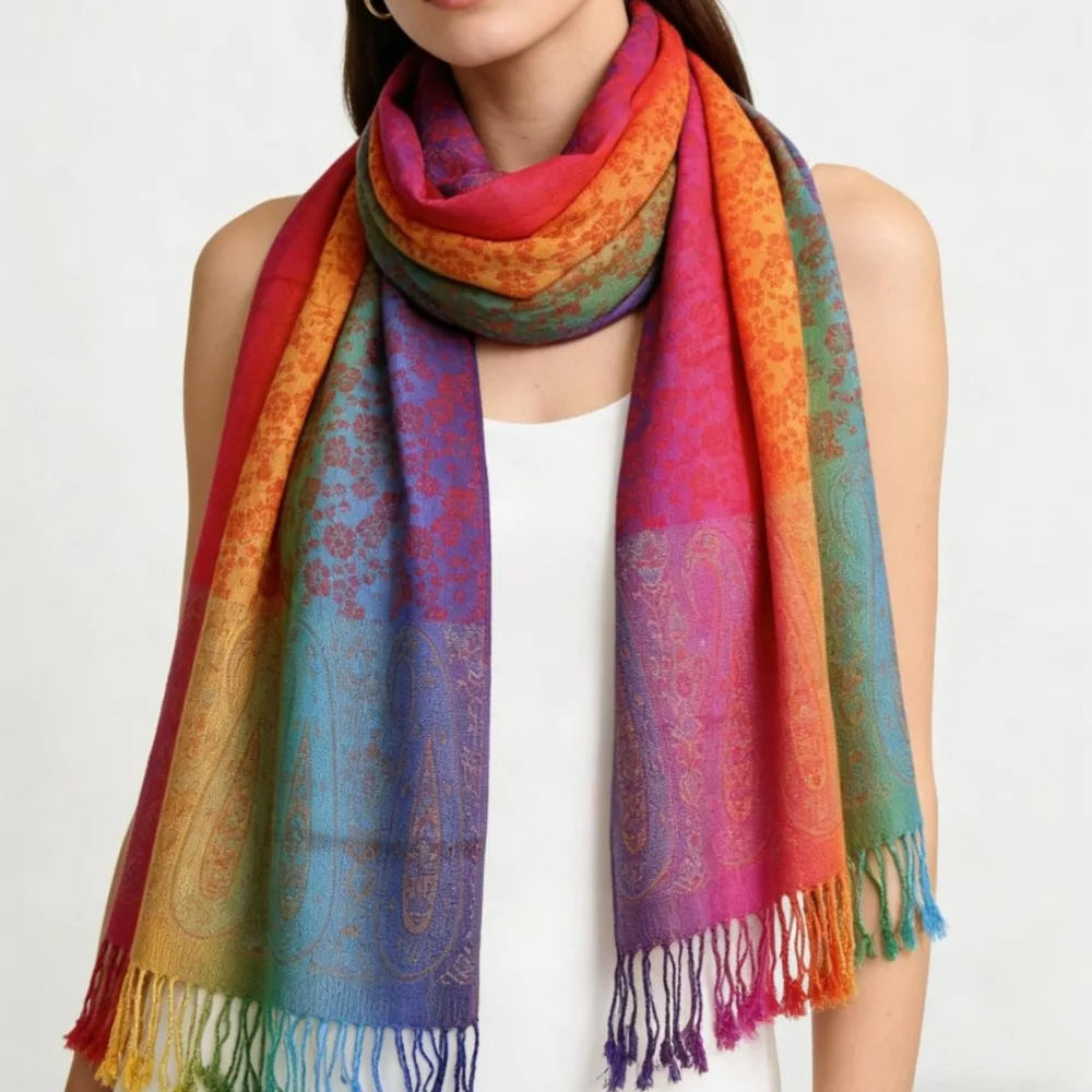 

Женский хлопковый шарф-пашмина с радужным жаккардовым узором, теплая зимняя шаль-платок