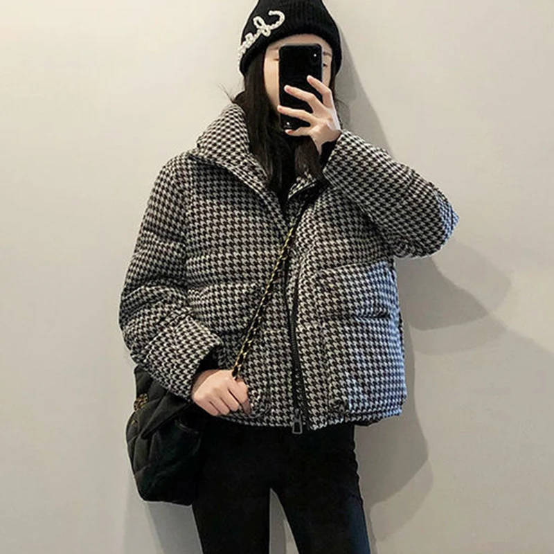 Gidyq Korean Women Houndstooth Parkas Winter Casual Female Loose Thick Warm Down Jacket Fashion Cropped Puffty Overcoat New