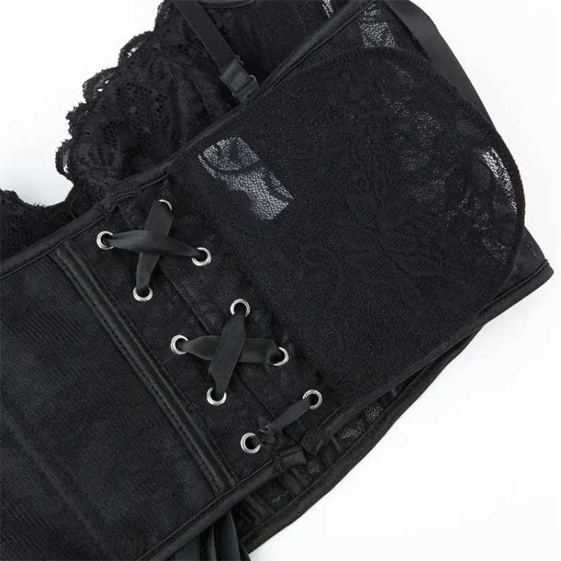 Czarny koronkowy gorset bustier damski push-up z przezroczystej siateczki, elegancka bielizna na imprezę klubową.