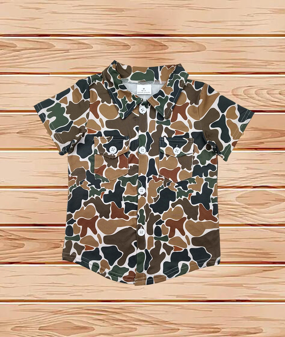 

4.15 Wholesale hot sale western boutique kid children Baby Boys Dark Brown Camo Short Sleeves Button Pockets Shirts Tops