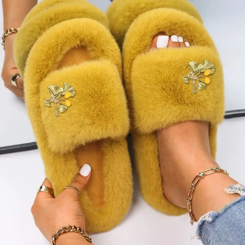 Women Sandals Fluffy Luxury Gold Enamel Ginkgo Leaf Pearls Furry Slides Flip Flops Faux Fur Slippers Female Shoes