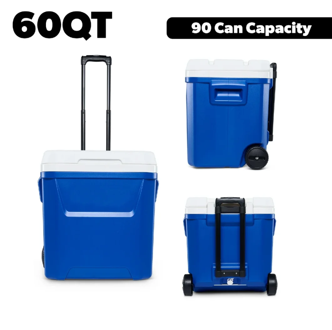 60 QT Blue Laguna Wheeled Hard Sided Ice Chest Cooler Long Lasting Ice Retention Large Capacity Portable Rolling Cool Box With Pull Handle And Wheels Stain Resistant Interior Perfect For Camping Fishing Beach Picnic Outdoor BBQ Travel Food Drinks Storage view 6