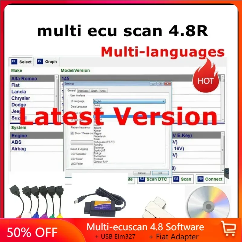 2024 New Multiecuscan V4.8 For Fiat/Chrysler/Dodge/Jeep/Suzuki Scanner Software 4.8+ ELM327+Flat adapter Registered Unlimite