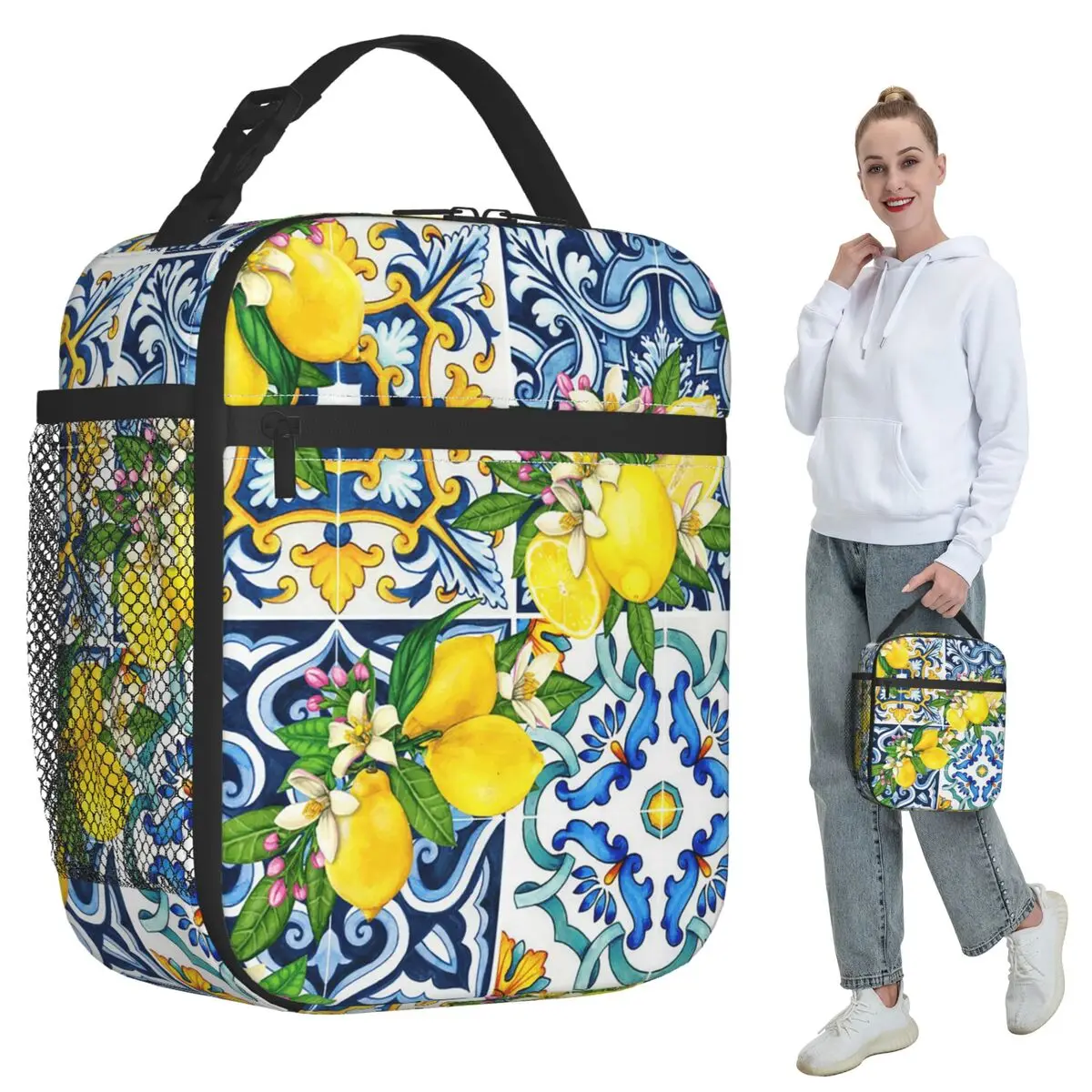 Isolierte Lunchtasche mit sommerlichen Früchten, Zitronen und mediterranen Fliesen für Kinder, Kühltasche, Thermo-Lebensmittelbox, auslaufsichere Lunchboxen, Behälter