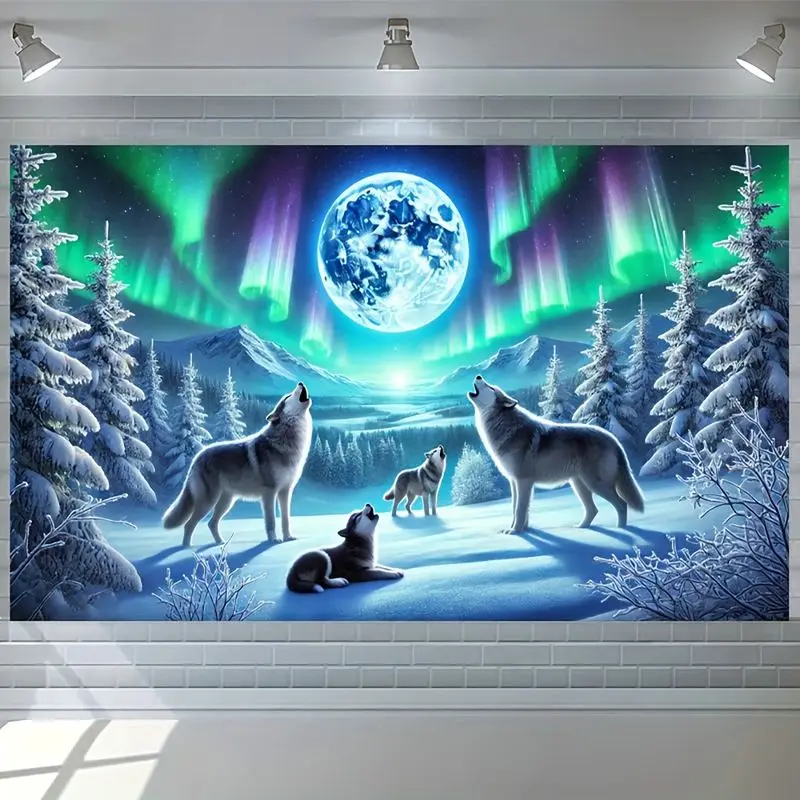 VIKAMA Aurora Full Moon Snowfield Wolf Scenery Tapestry Background Hanging Cloth Natural Wind Living Room Decoration