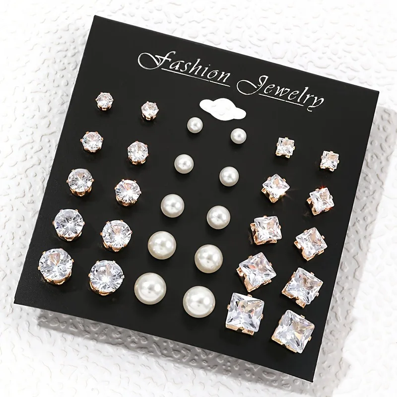 15 Pairs of Retro Pearl Geometric Six Claw Crystal Zircon Earrings Set, Suitable for Daily Wear for Both Men and Women